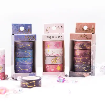 Hot Selling Starry Star Sky Paper Washi Tape Set 15mm Sakura Galaxy Gold Adhesive Decorative Journal Masking Tape DIY Sticker