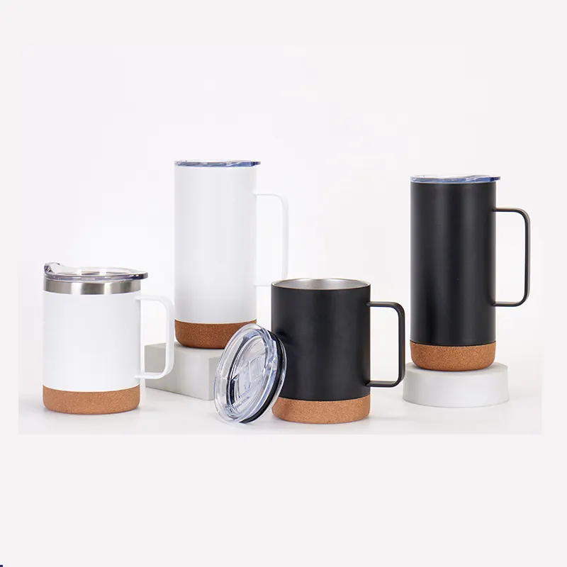 Tasse de voyage à fond en liège avec poignée Tasses à café 12oz 16oz Gobelet durable réutilisable en bois en acier inoxydable à deux parois isolées