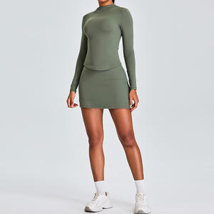 Nieuwste Hete Verkoop Vrouwen Gym Fitness <span class=keywords><strong>2</strong></span> Stuk Set Hoge Hals Lange Mouw Top En Veiligheid <span class=keywords><strong>2</strong></span> In 1 Rok Sets Golf Tennis Badminton Sets - Product Image 5