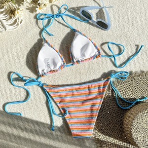 Ensemble de bikini à lacets rayés en jacquard pour femmes, maillot de bain deux pièces croisé à col licou pour la natation et les sports nautiques, bleu lac - Product Image 2