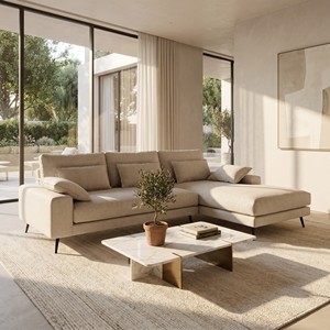 Divano Moderno a Tre Posti a L con Chaise Longue, Rivestimento in Tessuto Lino-Cotone Color Avena, Struttura in Metallo Sottile Nero per Soggiorno - Product Image 2