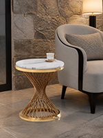 Table d'appoint ronde de luxe en marbre naturel, directement de l'usine, avec base en treillis en acier inoxydable torsadé couleur or champagne