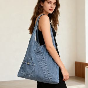 Bolsos de hombro Hobo de mezclilla ecológicos personalizados, bolso holgado geométrico para Vaqueros, bolso de compras grande Vintage de retazos para niñas al por mayor - Product Image 5