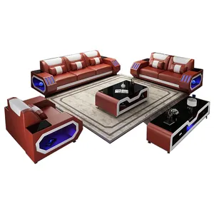 Vente en gros directe d'usine de lumière LED 1 + 2 + 3 meubles sectionnels de luxe ensemble de canapés en cuir véritable