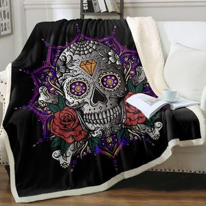 Couverture polaire en forme de crâne de lotus pour enfants, filles et garçons, couverture en sherpa douce et moelleuse avec motif de crâne de mandala violet pour canapé, chaise, lit - Product Image 1