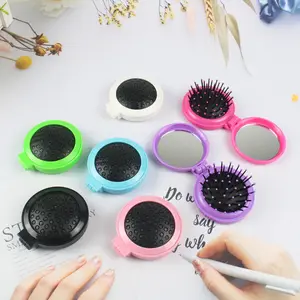 Popular Round Folding Pop-up Detangling Hair Brush With Mirror Mini Compact Massage Hairdressing Bulk Portable Pocket Comb