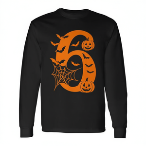 T-shirt à manches longues Halloween numéro 6 avec motif citrouilles, chauves-souris et toile d'araignée - Product Image 2