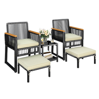 Ensemble de conversation d'extérieur en rotin PE noir, chaise de bistrot en osier avec poufs pour mobilier de jardin