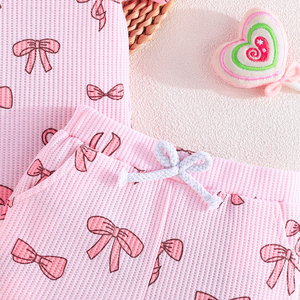 Conjunto de Dos Piezas con Lazo para Bebés Niñas, Ropa Casual de Verano, Transpirable, con Mangas Cortas con Volantes y Estampado de Lazos - Product Image 5