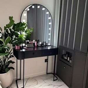 Black LED Vanity <b>Mirror</b> Table Makeup <b>Desk</b> Arched Hollywood Style Dressing Table with Drawers for Bedroom Salon - Product Image 3