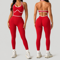 Mono de yoga de una pieza para mujer con ribete en contraste, espalda abierta, efecto moldeador y realce de glúteos, ideal para correr y gimnasio.