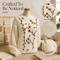 Pull-over en tricot texturé pour femme, personnalisé, style décontracté, avec broderie florale, tricot épais vintage et poignets côtelés, vente en gros