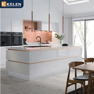 Kelen 2024 lujo moderno modular diseños conjunto Isla de madera muebles de madera de alto brillo lacado blanco gabinetes de cocina