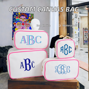 Sac à cosmétiques en toile naturelle avec lettres brodées personnalisées, pochette de maquillage de voyage imperméable et écologique, grande capacité - Product Image 2