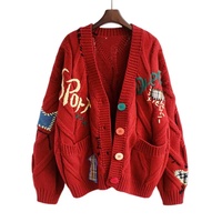 Suéter de Punto Trenzado con Cuello en V para Mujer, de Alta Calidad, con Bordado de Letras, Botones Coloridos, Bolsillos, Manga Larga, Chaqueta Holgada
