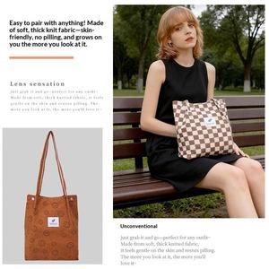 Sac fourre-tout en velours côtelé mignon avec imprimé visage souriant, sac à main esthétique de grande capacité, sac à bandoulière souple vintage pour les voyages et l'école - Product Image 2