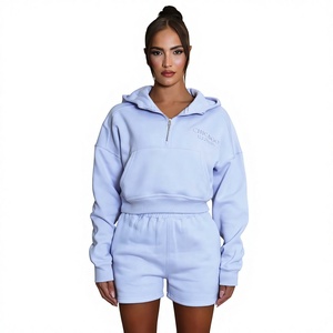 Conjunto de dos piezas de forro polar con capucha azul claro para mujer, conjunto informal de pantalones cortos, ropa holgada para primavera y verano - Product Image 1