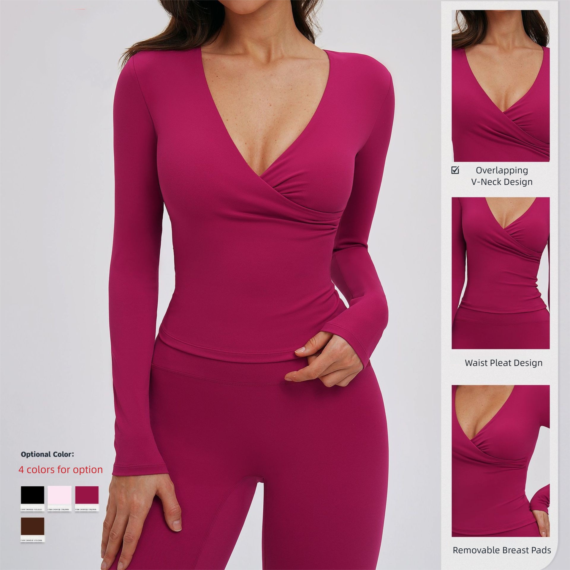 Running and Pilates Workouts Waist Pleat Design Removable Breast Pads Shirt Yoga Long Sleeve V-Neck T-Shirt for Outdoor Wear