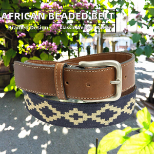 Ceinture en cuir africain perlé de qualité supérieure, boucle en laiton, motif paisley, cousue à la main, style western cowboy, durable, légère, décontractée - Product Image 2