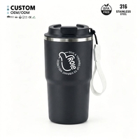 Taza de Café de Acero Inoxidable 316 con Aislamiento al Vacío, 360 ml, Negra Mate, con Correa de Transporte y Logotipo Personalizado