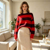 Pull en maille fine à rayures rouges surdimensionné décontracté à manches longues, personnalisé de haute qualité, OEM & ODM, collection automne