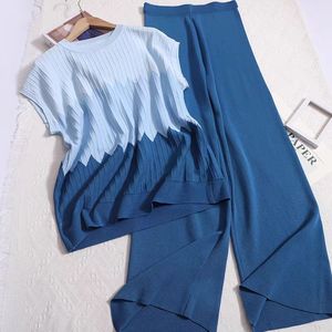 Ensemble décontracté 2 pièces pour <span class=keywords><strong>femme</strong></span> : haut tricoté à manches courtes et pantalon long, dégradé de couleurs, idéal pour le quotidien - Product Image 4