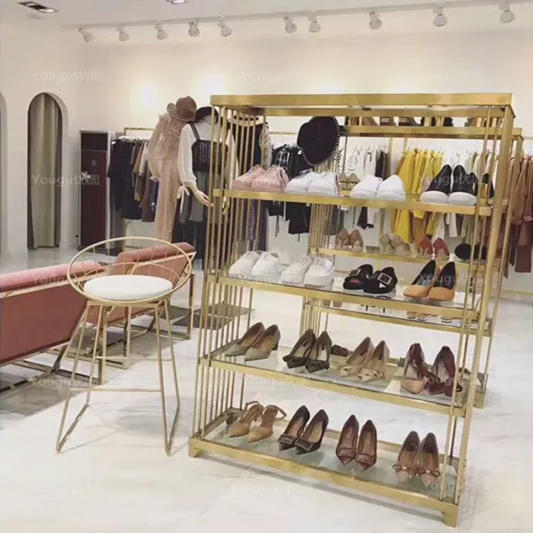Warenhuis showroom ontwerp planken schoeisel display stand goud metalen retail kleding display schoenenrek