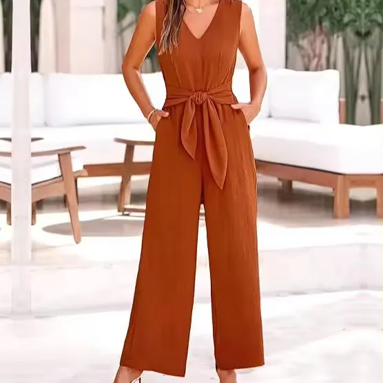 Macacão casual feminino sem mangas 100% algodão com decote em V, novidade outono verão personalizada