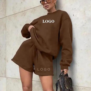 Ensemble de sport décontracté pour femmes en polyester avec logo personnalisé ODM/OEM, haut et short, ensemble de sweat-shirt uni à col rond - Product Image 2