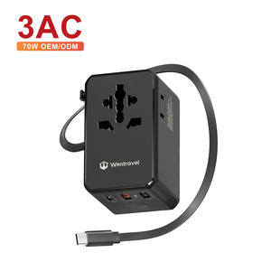 Adaptador de Viaje Universal Wontravel OEM ODM con 3 Tomas de CA y Cable Retráctil Integrado de 70W para Laptop - Product Image 1
