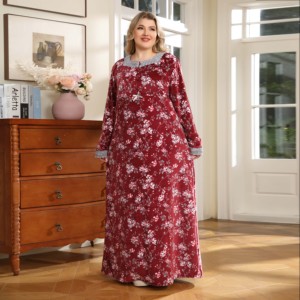 Ropa Islámica, Ropa de Dormir Árabe, Vestido Rojo Yemení, Vestido <span class=keywords><strong>Maxi</strong></span> de Terciopelo para Invierno, Talla Grande para Mujeres Musulmanas - Product Image 1