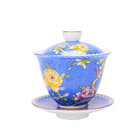 Set Teh Kung Fu Tiga Harta Karun Berlapis Emas, Dilukis Tangan dengan Motif Bunga Pastel, Porselen Dehua, Mangkuk Berpenutup, Modern Minimalis