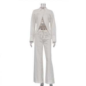 <span class=keywords><strong>Camicia</strong></span> Casual a due pezzi da donna con colletto a maniche lunghe con colletto a vita larga <span class=keywords><strong>pantaloni</strong></span> a maglia con bottoni e Design cavo con lacci - Product Image 5