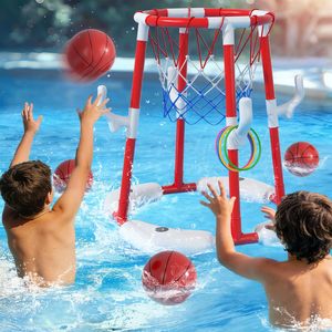 2 in 1 Pool Basketball Hoop Set <b>Floating</b> Ground Water Game <b>Inflatable</b> Sports Toy with Balls Rings Pump for Kids Adults Party - Product Image 1