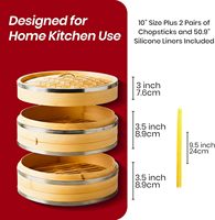 Panier vapeur 2 niveaux en bambou naturel 10 pouces, écologique, capacité 6L, compatible gaz et induction, avec doublures pour ensemble de cuisson vapeur de raviolis
