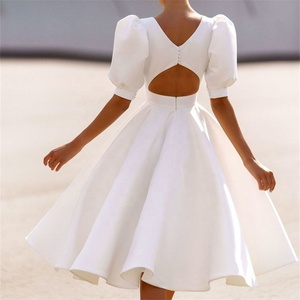 Ruolai SW004 semplice satinato maniche a sbuffo <span class=keywords><strong>abito</strong></span> da sposa corto O collo al ginocchio schiena aperta <span class=keywords><strong>abito</strong></span> da sposa <span class=keywords><strong>Midi</strong></span> - Product Image 2