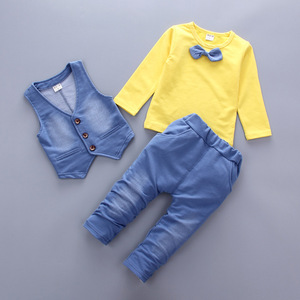 Vente flash - Nouvelle mode printemps-automne - Ensemble de 3 pièces pour bébé garçon - Style denim en coton avec cravate - Costume pour enfants - Product Image 3