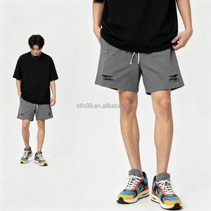 Shorts Bermuda déchirés gris pour hommes, taille mi-haute, avec cordon de serrage, en coton décontracté et respirant - Product Image 1