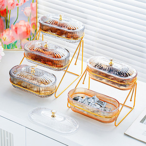 Bol à fruits ovale transparent en plastique avec couvercle, type sur pied, conteneur alimentaire à plusieurs niveaux pour la maison, le salon, la table basse - Product Image 2