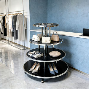 Exhibidores Circulares Móviles de Acero Inoxidable con Estantes de Madera, Servicio OEM/ODM para Boutiques y Salas de Exhibición, Venta Directa de Fábrica - Product Image 2