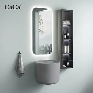 CaCa Easy-clean one piece wall hung basin Light Grey ceramic wall mounted wash basin with Smart mirror and cabinet