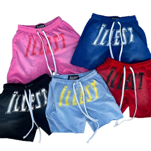 Shorts de survêtement vintage streetwear personnalisés, coupe ample, effet délavé soleil, bords bruts, cordon épais, imprimé sérigraphié, style décontracté - Product Image 1