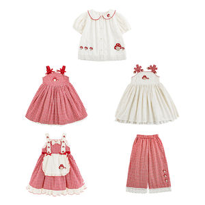 YOEHYAUL X4921 vestidos de verano a cuadros rojos para niños, vestidos de setas para niños pequeños, camiseta de manga corta para niñas, conjunto de pantalones para niñas - Product Image 5