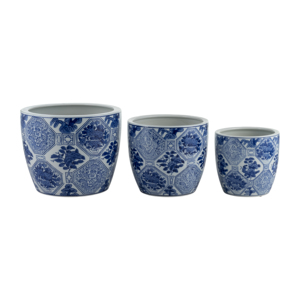 Set di tre vasi in ceramica stile Chinoiserie classico, con motivo blu e bianco, per decorazioni interne ed esterne. - Product Image 2