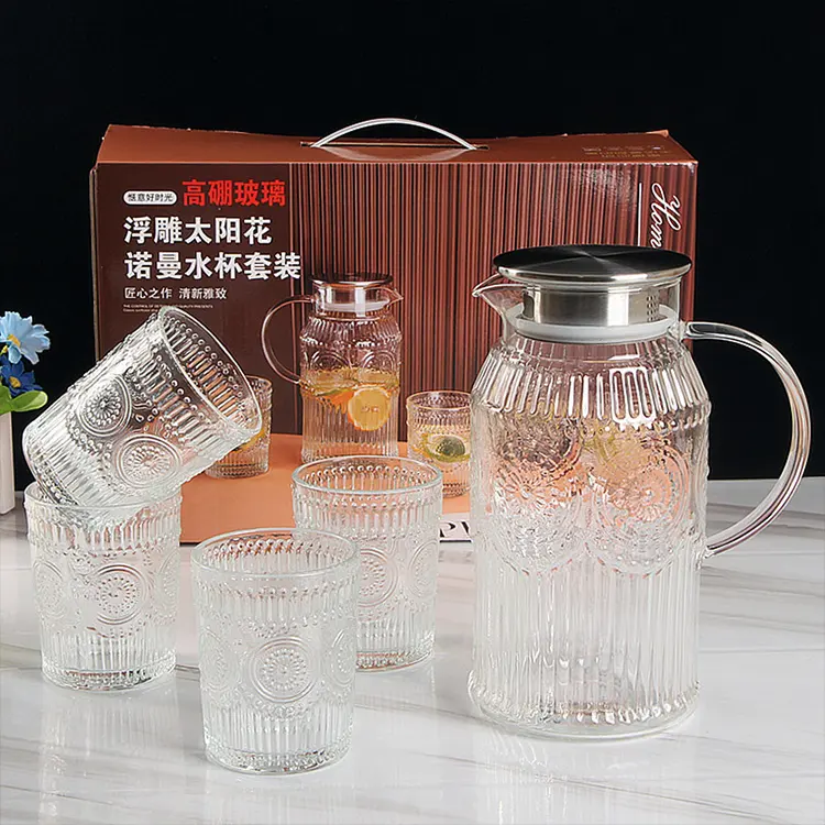 Luxury sunflower design wholesale drinking tea cups set 1 piece 1300ML jug with 4 piece 250ML water cup