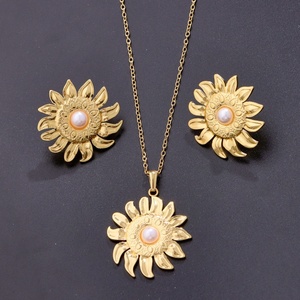 Bộ trang sức nữ thiết kế mới: mặt dây chuyền và bông tai hình tròn không đều, đá quý ngọc trai, thép không gỉ 304 mạ vàng - Product Image 5