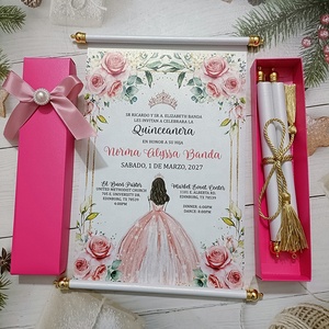 Carte d'<span class=keywords><strong>invitation</strong></span> enroulable rose pour Quinceañera, les meilleures invitations de mariage avec ruban et pompons, boîte de dragées pour invités - Product Image 1