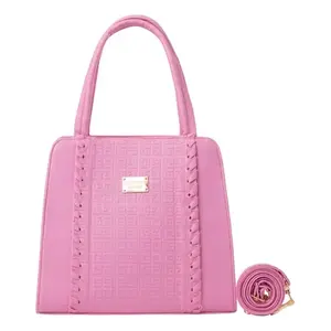 Sac fourre-tout décontracté pour femme Fana Jupiter, en cuir PU rose, motif géométrique, grande capacité, deux poignées, fermeture ouverte, décoration chaîne - Product Image 3