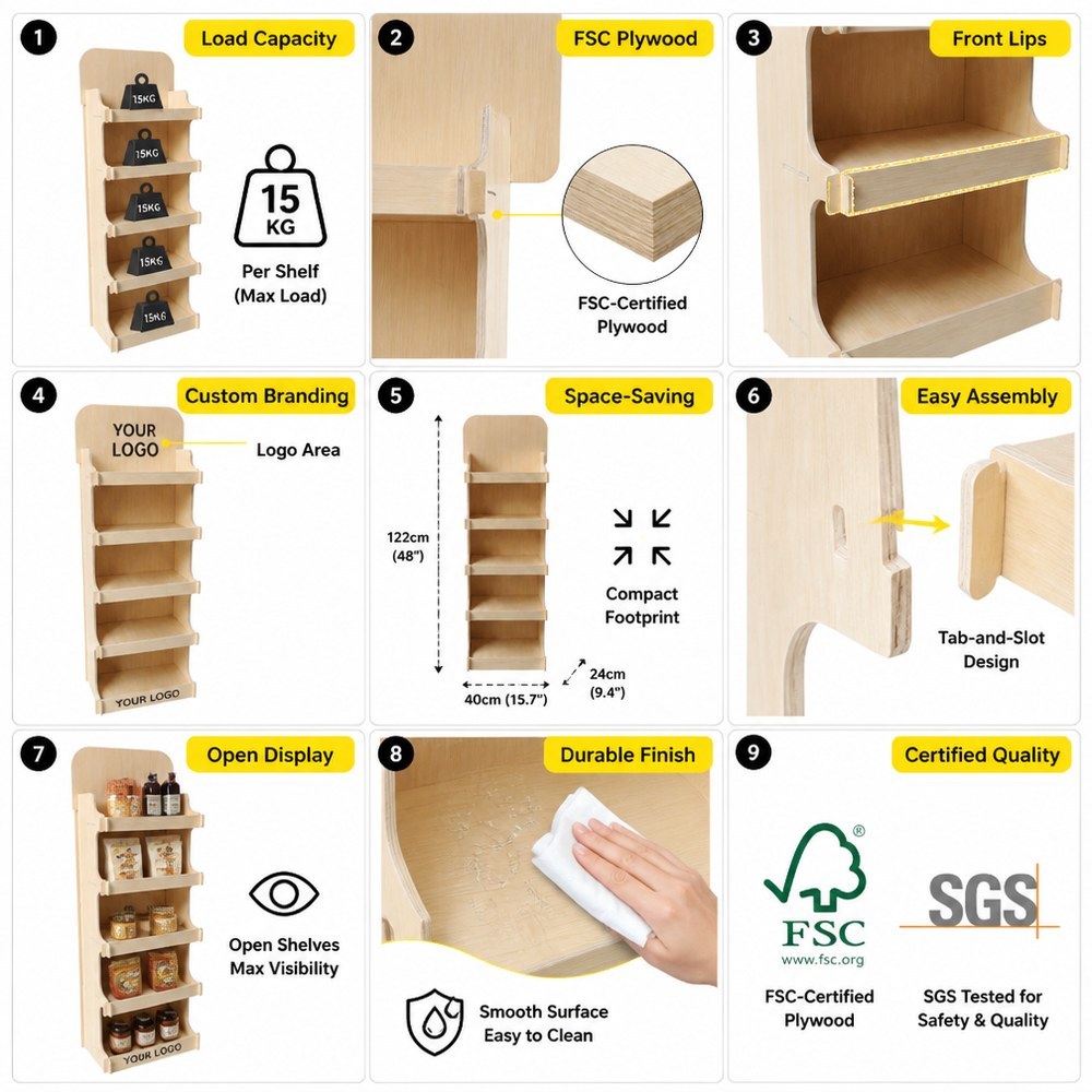 Custom 5-Tier Plywood Display Rack for Clothing Shoe Floor Standing Wooden Shelf Easy Assembly Wood Display Stand FSC Certified — view 5