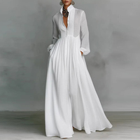Robe chemise longue plissée en mousseline de soie à col montant, taille haute, boutonnée, avec poches, couleur unie, coupe trapèze